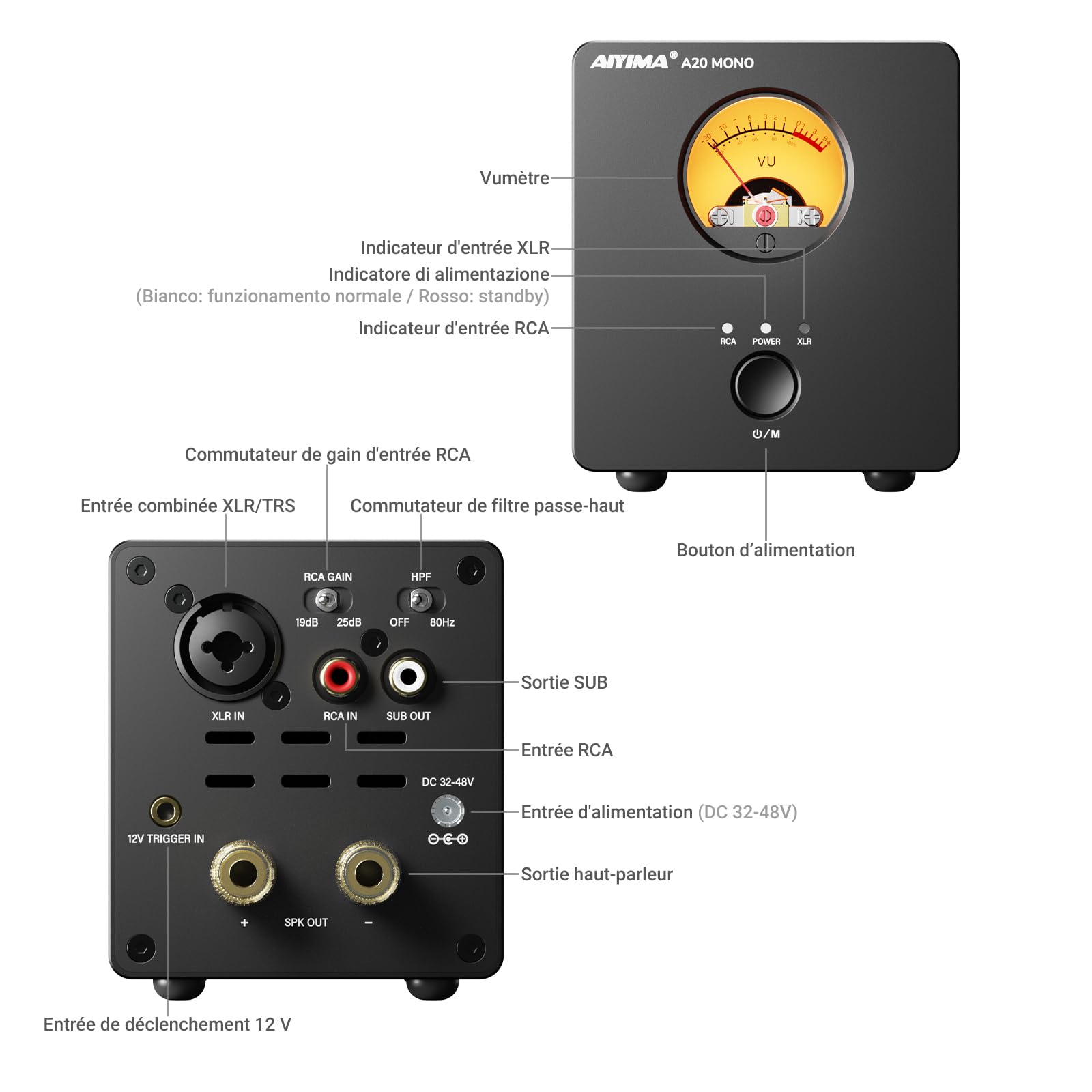 Amplificateur HiFi AIYIMA A20Mono Entièrement Équilibré TPA3255 de Classe D | Amplificateur HiFi de bureau avec déclencheur PFFB&HFP&12V,Ampli-Op OPA1612,SORTIE SUB, entrée XLR,Réglages à Double gain