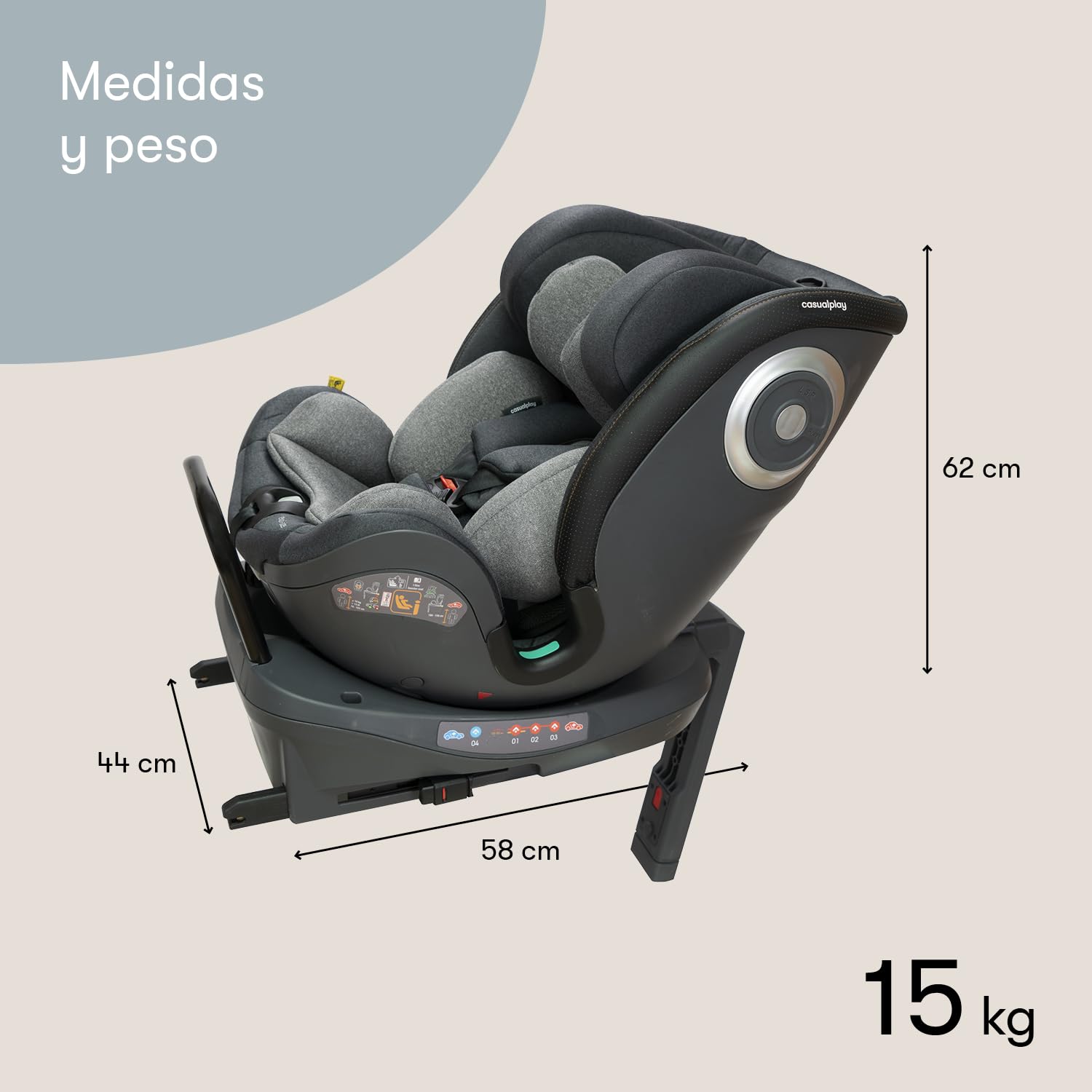 Casualplay Silla de coche bebé Revol I size giratoria con isofix y pata de apoyo, grupo 0 1 2 3 de 0 a 12 años o de 40 a 150 cm altura y dispositivo de protección lateral ASP, grey