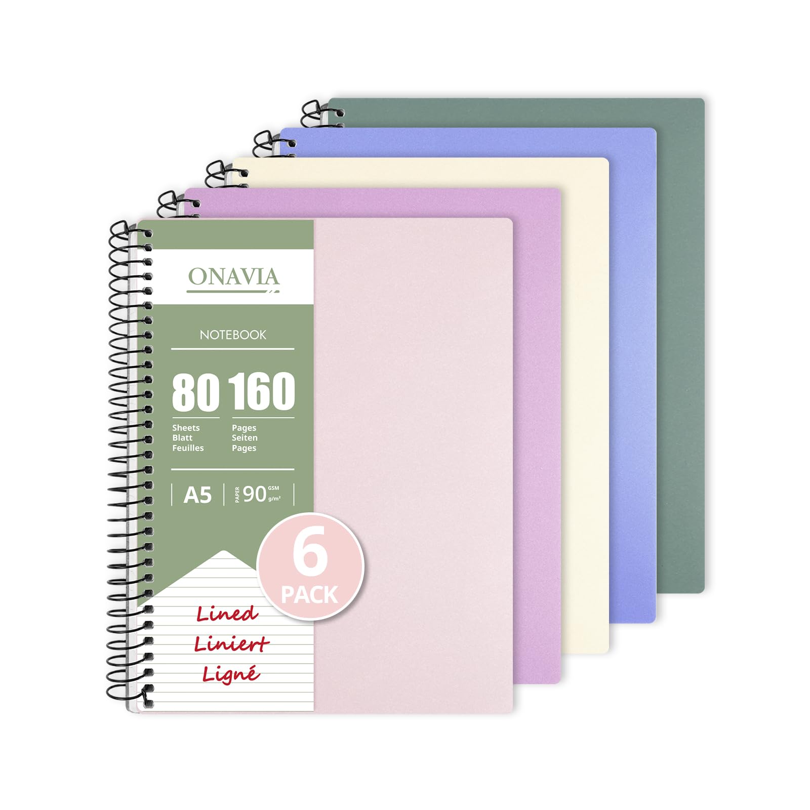 ONAVIA A5 Notebook 5 Pack, 80 Sheets, 90GSM Lined Spiral Notepad, Pastel