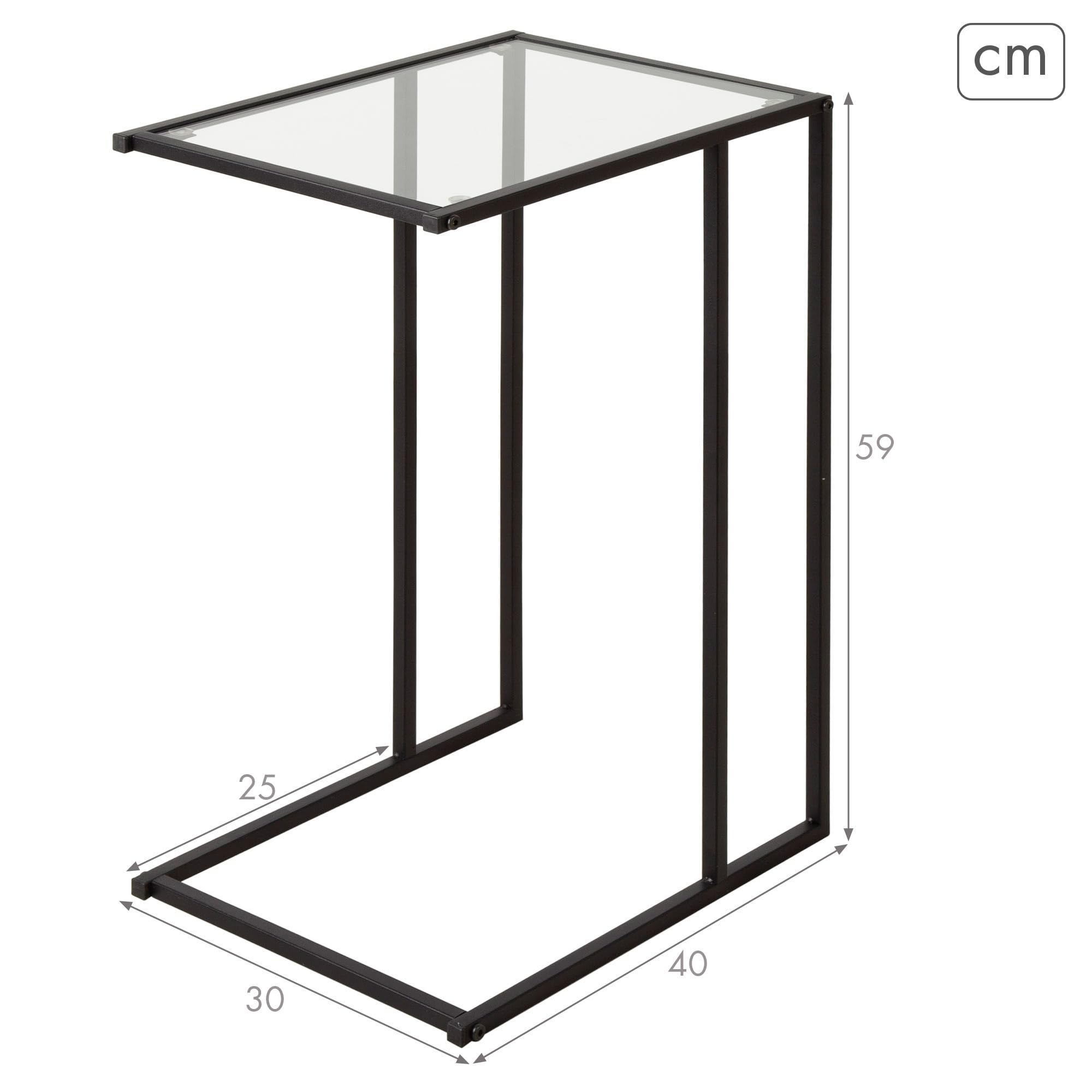 AKTIVE Tavolino Max Home, 40x30x59 cm, Portata massima 5 kg, Forma a C, Tavoli in vetro, Struttura in metallo nero, Decorativo, Soggiorno, Camera da letto, Moderno (18502)