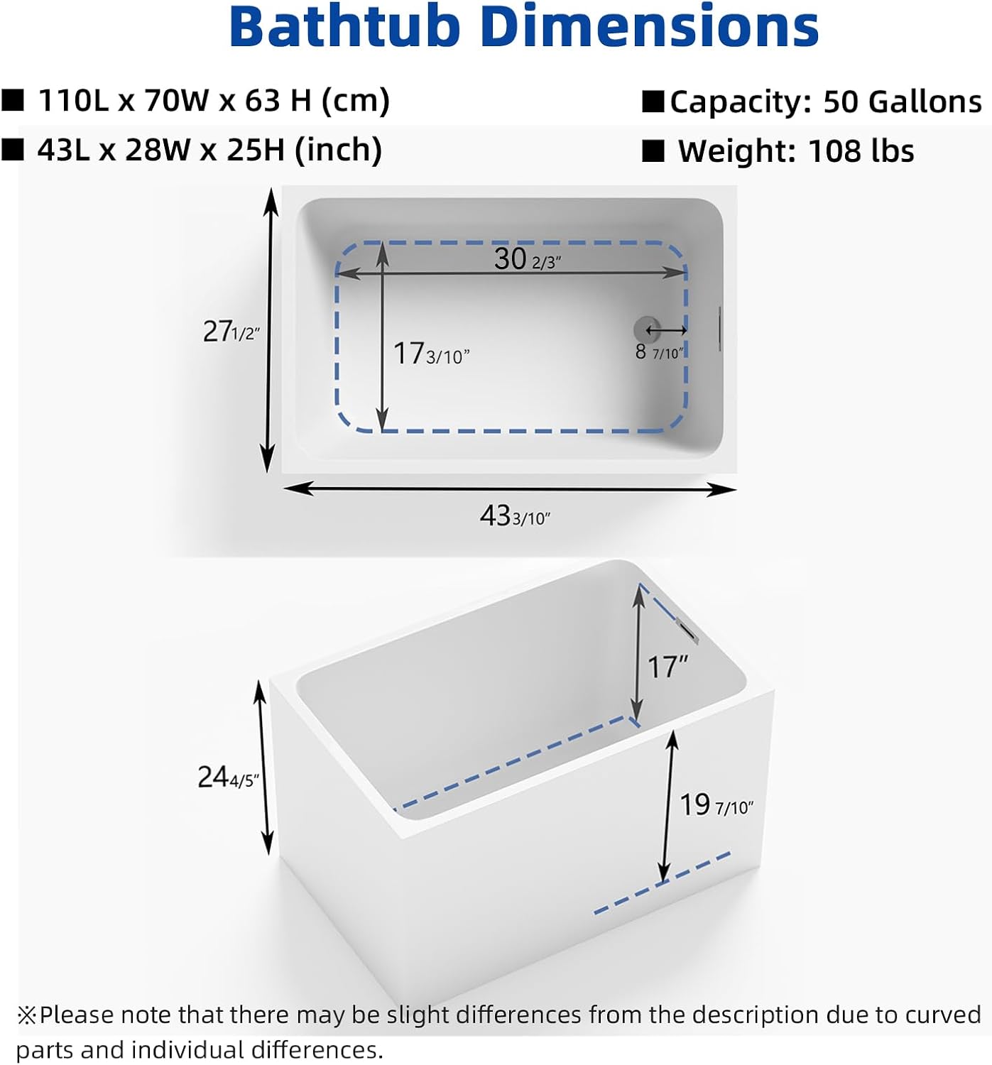 43" Acrylic Freestanding Bathtub Contemporary Free Standing Tub Spacious Rectangle Soaking Bath Tub with Chrome Overflow & Pop-Up Drain, Gloss White