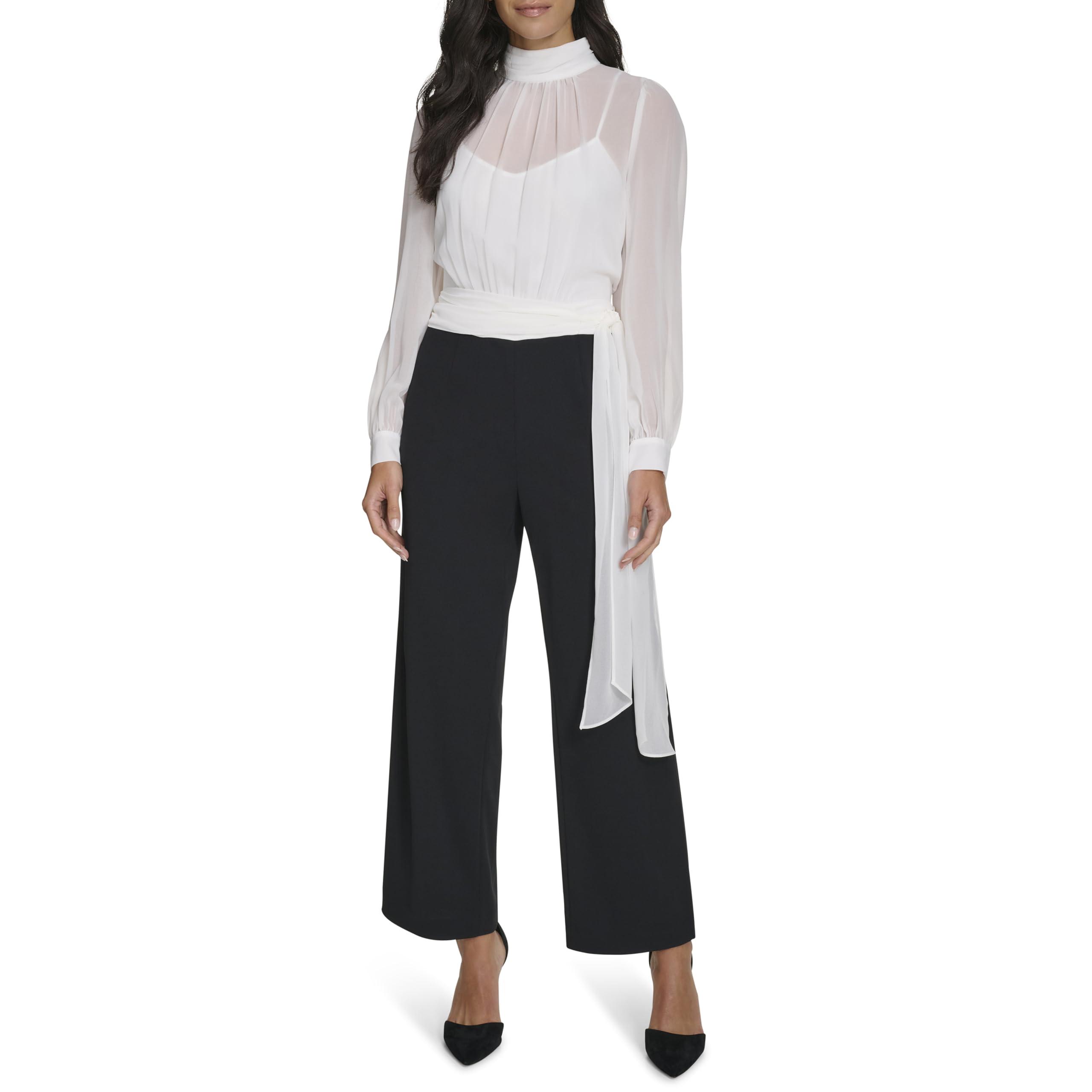 Calvin Klein womens Long Sleeve Mock Neck Chiffon Overlay Belted Twofer Jumpsuit