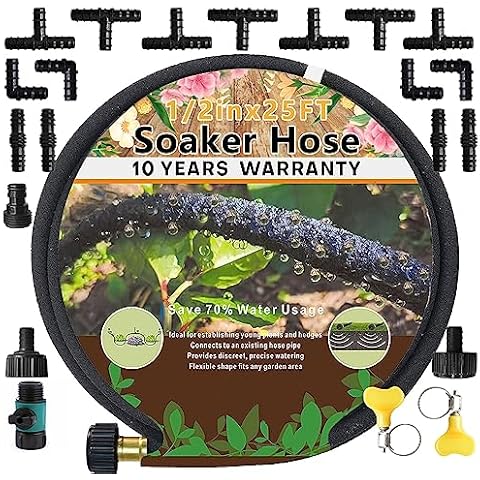 1/2’’ Soaker Hose for Garden Beds Soaker Hoses 25Ft And Soaker Hose Connectors Kit,Garden hose Accessories,Soaker Hose Coupler Accessory Quick Set Connector Cover