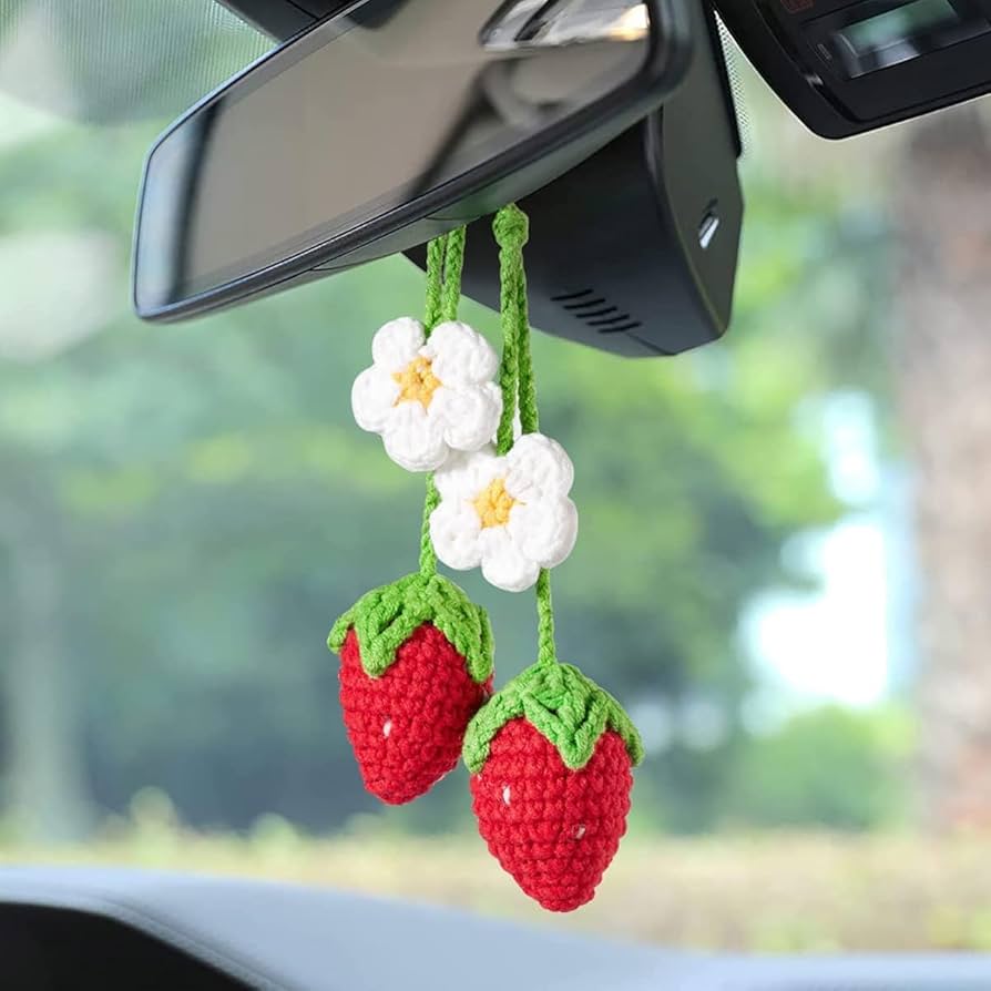 2PCs Cute Crochet Strawberry Car Rear View Mirror Hanging Ornament 2PCs Cute Crochet Strawberry Car Rear View Mirror Hanging Ornament
