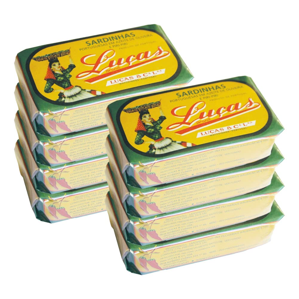 Luças Sardinas portuguesas en aceite de oliva y piri-piri – Paquete de ocho latas de 4.23oz – Producto de Portugal