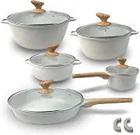 Conjunto de Panelas de Cerâmica Antiaderente Revestido de Granito, 5 Peças, Cozinha Saudável, Livre de PFOA (Branco)