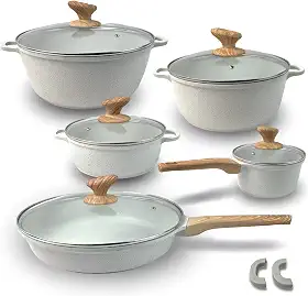 Conjunto de Panelas de Cerâmica Antiaderente Revestido de Granito, 5 Peças, Cozinha Saudável, Livre de PFOA (Branco)