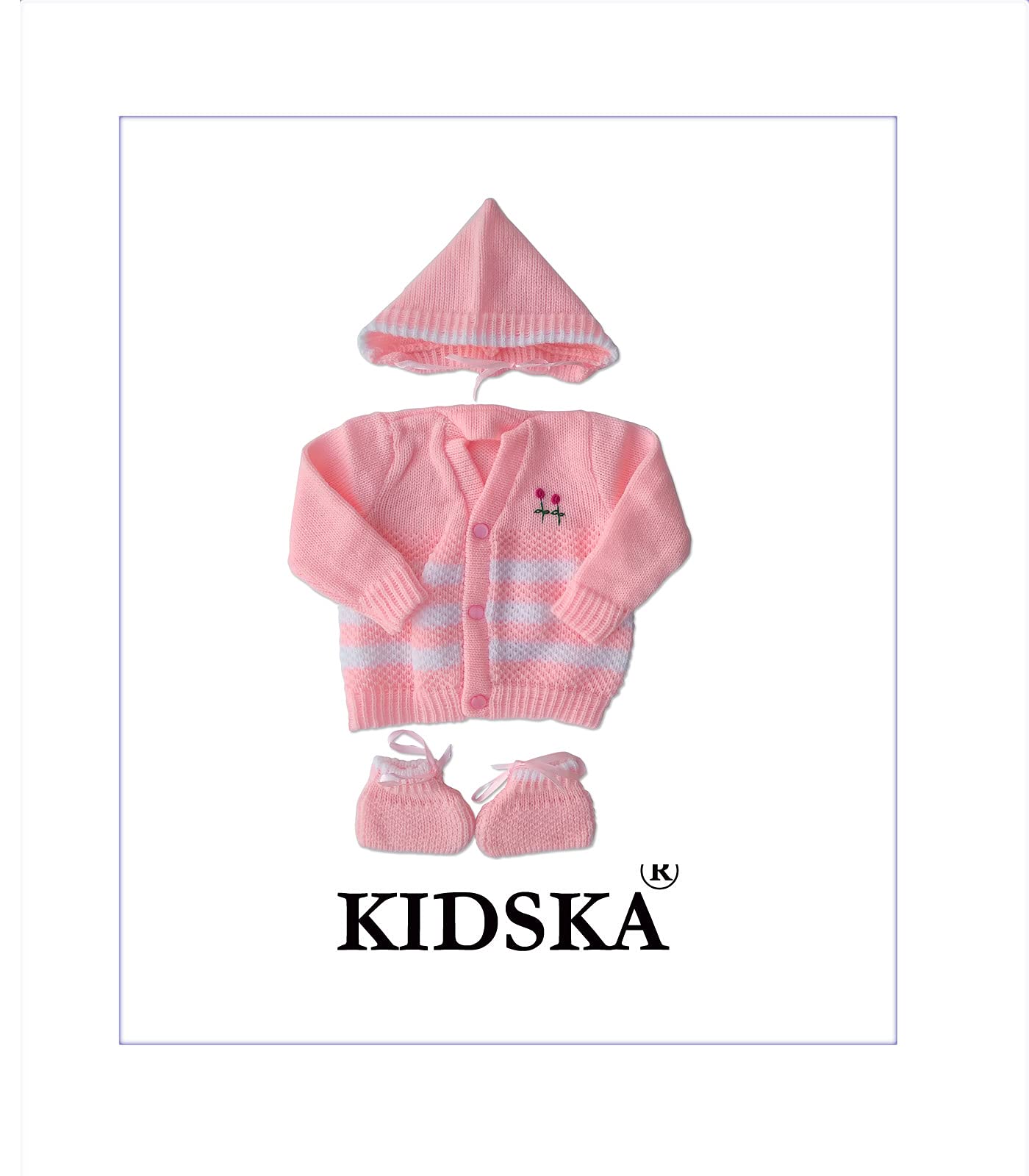 KIDSKA Unisex-Baby Woolen Knitted Baby Set For Baby/Babies Woolen Sweater(Pink, 0 To 3 Months) 3 Pcs Set, V Neck - Image 3 thumbnail