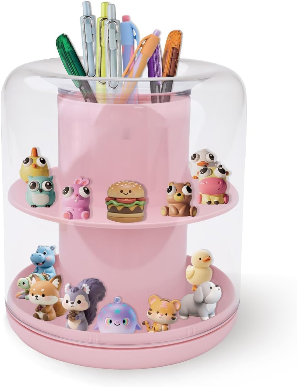 Rotating Display Case, 360 Degree Figure Showcase with Makeup Brush Holder and Compartments, Small Organizer for Mini Figures Pens Brushes Accessories, 5.7×5.7×6.5in for Home and Desk