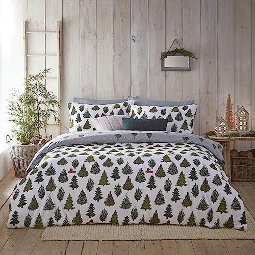 furn. Evergreen Duvet Cover Set - Made with 100% Brushed Cotton Fabric, Pine Tree & Polka Dot Reversible & Festive Bedding (Green – Double)