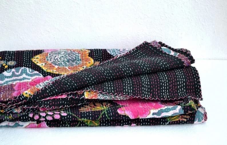 Sambhav Quilt Hub Coperta trapuntata indiana Kantha con stampa floreale realizzata a mano, stile vintage, decorativa, per la casa, per letto queen/king size (blu, matrimoniale, 152 x 228 cm