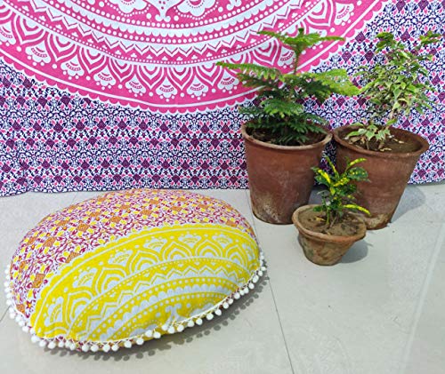 24" Yellow Orange Ombre Mandala Barmeri Large Floor Pillow Cover Cushion Meditation Seating Ottoman Throw Cover Hippie Decorative Zipped Bohemian Pouf Ottoman Pom Pom Cases 24 " round