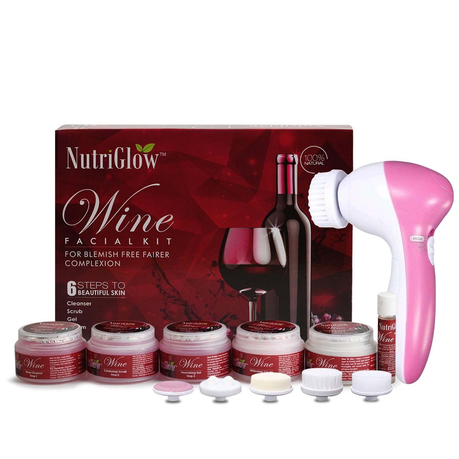 NutriGlow Wine Facial Kit for Women for Glowing Skin, 6-Pieces Skin Care Set with Deep Cleanser, Scrub, Nourishing Gel, Whitening Cream, Mask Pack and Serum, 250gm+10ml Free Face Massager