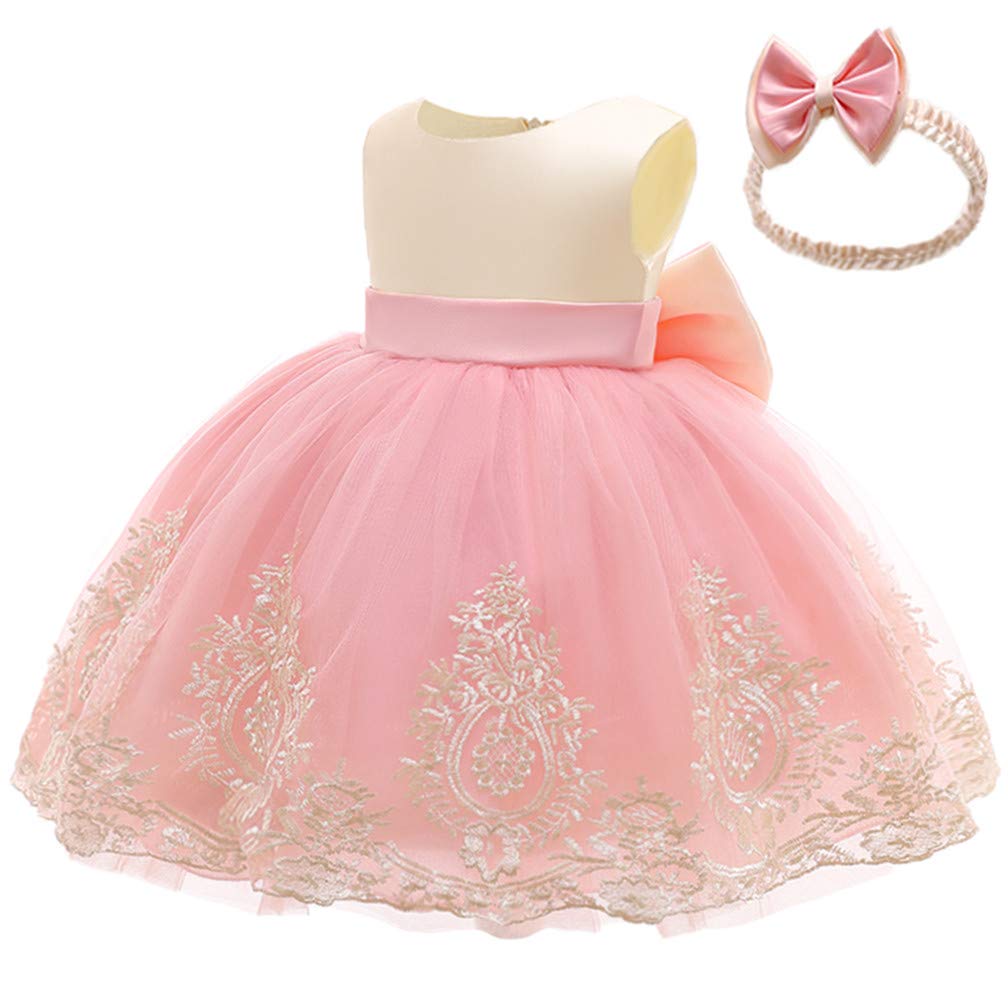 CMMCHAAH Vestido de encaje bordado de 0 a 6 años para niñas y bebés, con lazo, vestido con gorro. - rosa - 6-12 meses