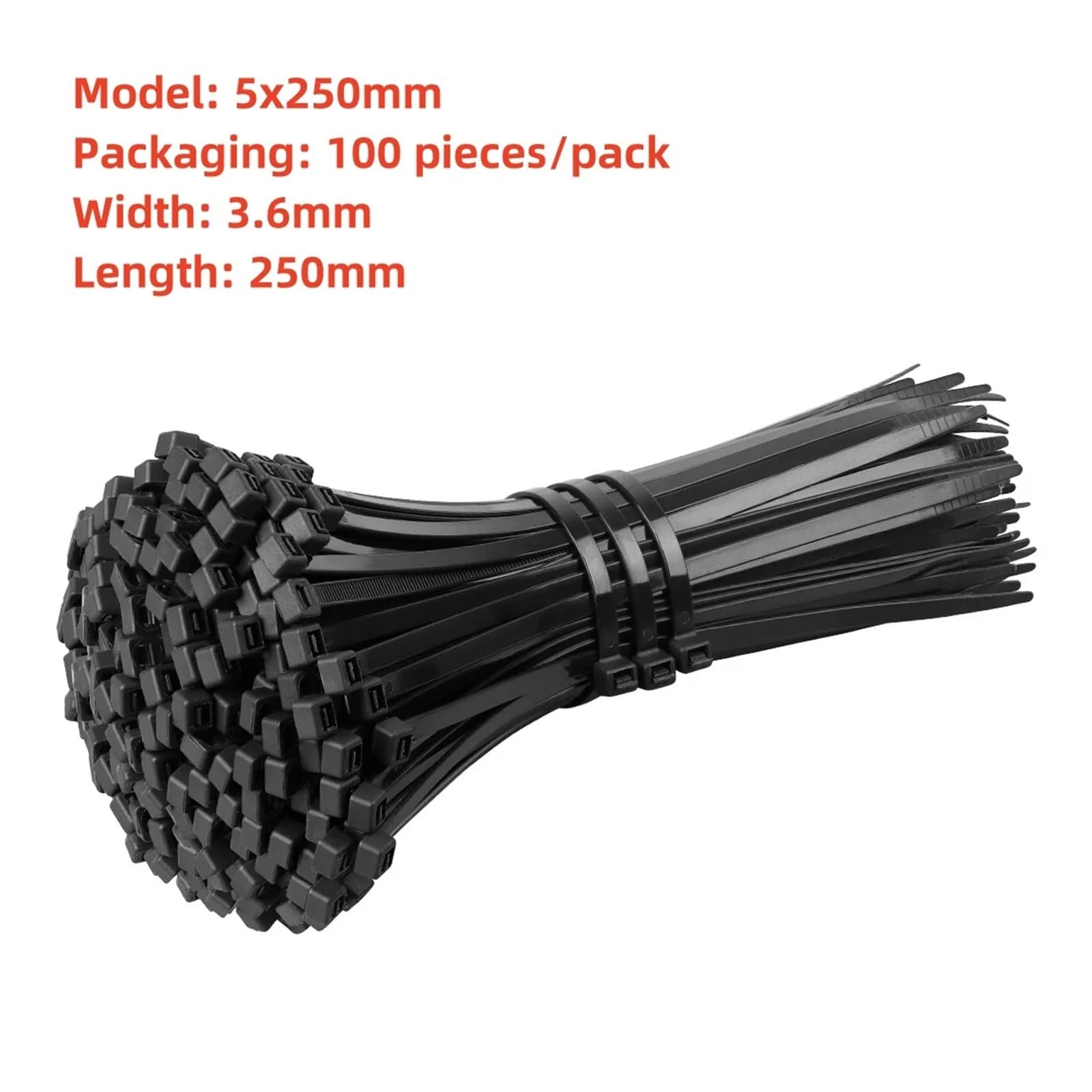 Bridas para Cables Brida de Nailon de plástico autoblocante, Brida Negra for Cables, Anillo de sujeción, Brida for Cables, Cierres con Cremallera, Correa, Juego de Bridas de Nailon(5x250mm)