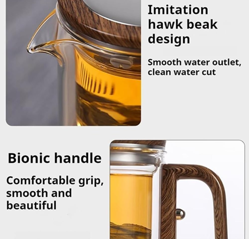 Water Separation Glass Teapot with Wooden Handle, Witchcraft Teapot, Magical Teapot with Infuser, Press Control Magical Teapot Glass, Glass Teapot, Magnetic Filter Teapot with Dual Infusers (720ml)