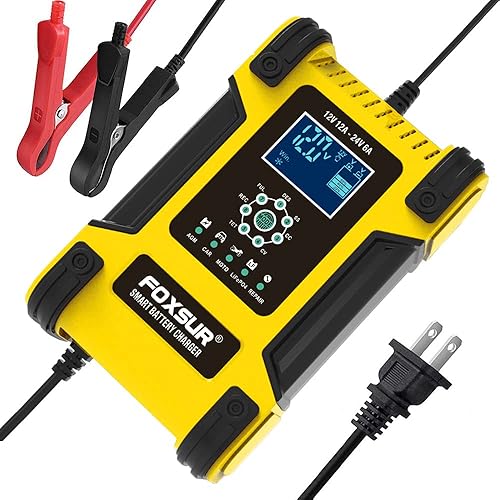 Foxsur Cargador de batería de coche de 7 etapas de 12 amperios para baterías húmedasGELSLALiFePO4PlomoAGM, cargador de batería inteligente de 12 V24