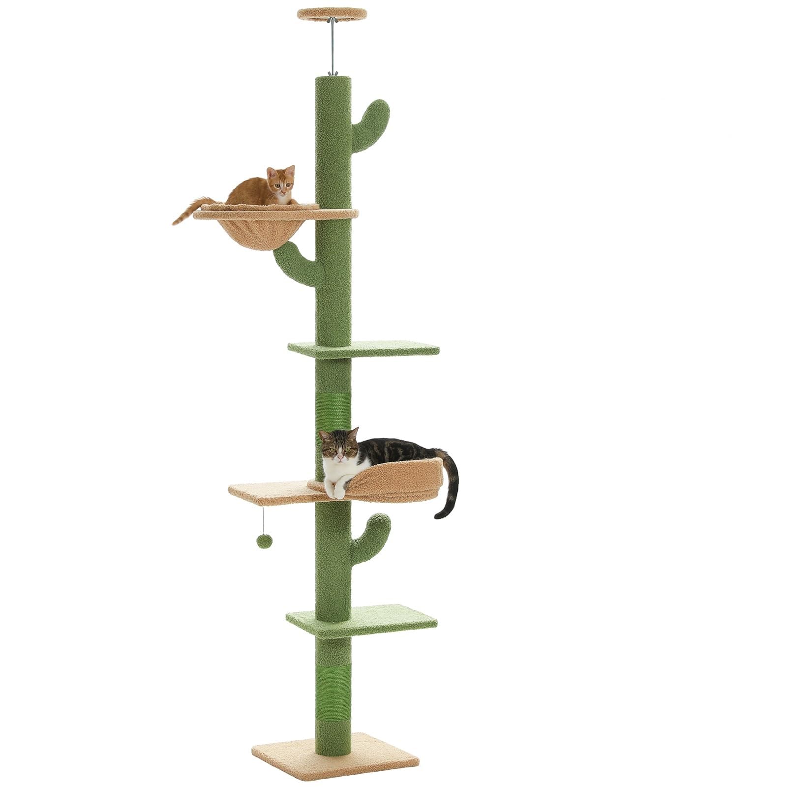 Cat Tree Tower Floor to Ceiling, Adjustable Height (210-274cm), Multi-Level with Sisal-Covered Scratching Posts, Cat Tower with Hanging Balls and Platform for Cats to Play and Sleep (Green-Model 2) - Green-Model 2
