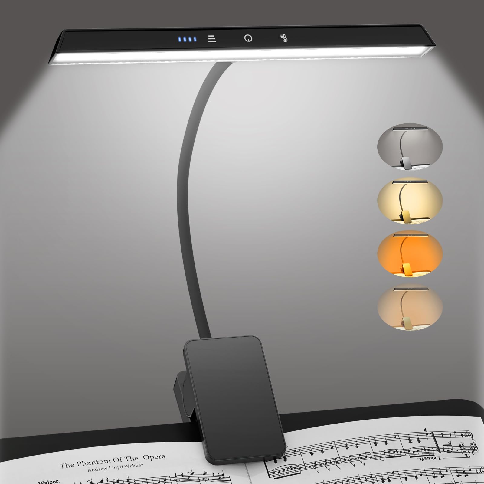 Professioneller Notenständer mit 47 LEDs, wiederaufladbar, augenschonendes Klavier zum Anklemmen, 4 Farben und 3 Helligkeiten, USB-C, bis zu 110 Stunden Laufzeit, tragbare Lampe für Musiker, Groß