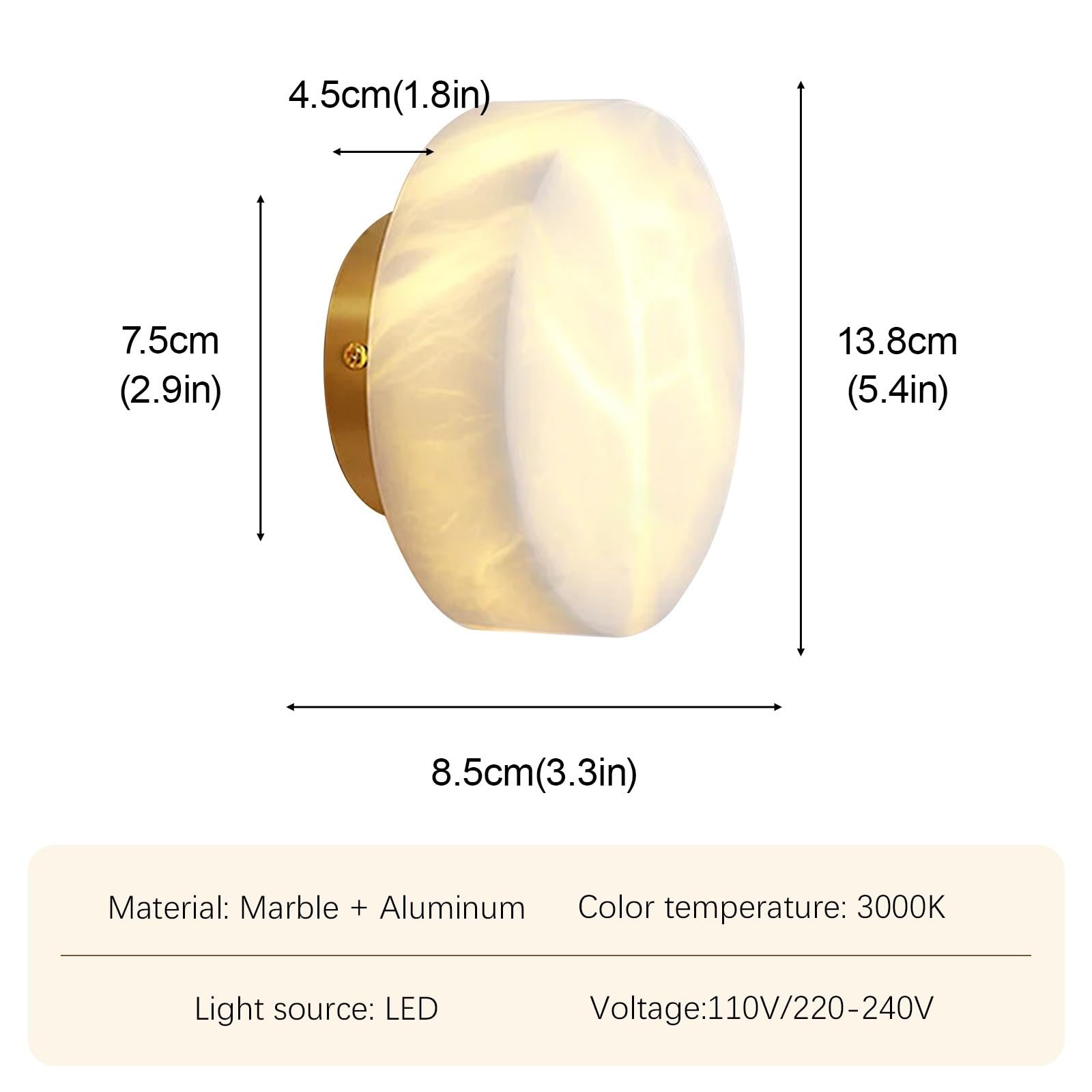 Lampada da parete rotonda in alabastro, mini lampada da parete in marmo, applique da parete in pietra naturale, lampade da parete for illuminazione da comodino, LED - 5 W - 3000K
