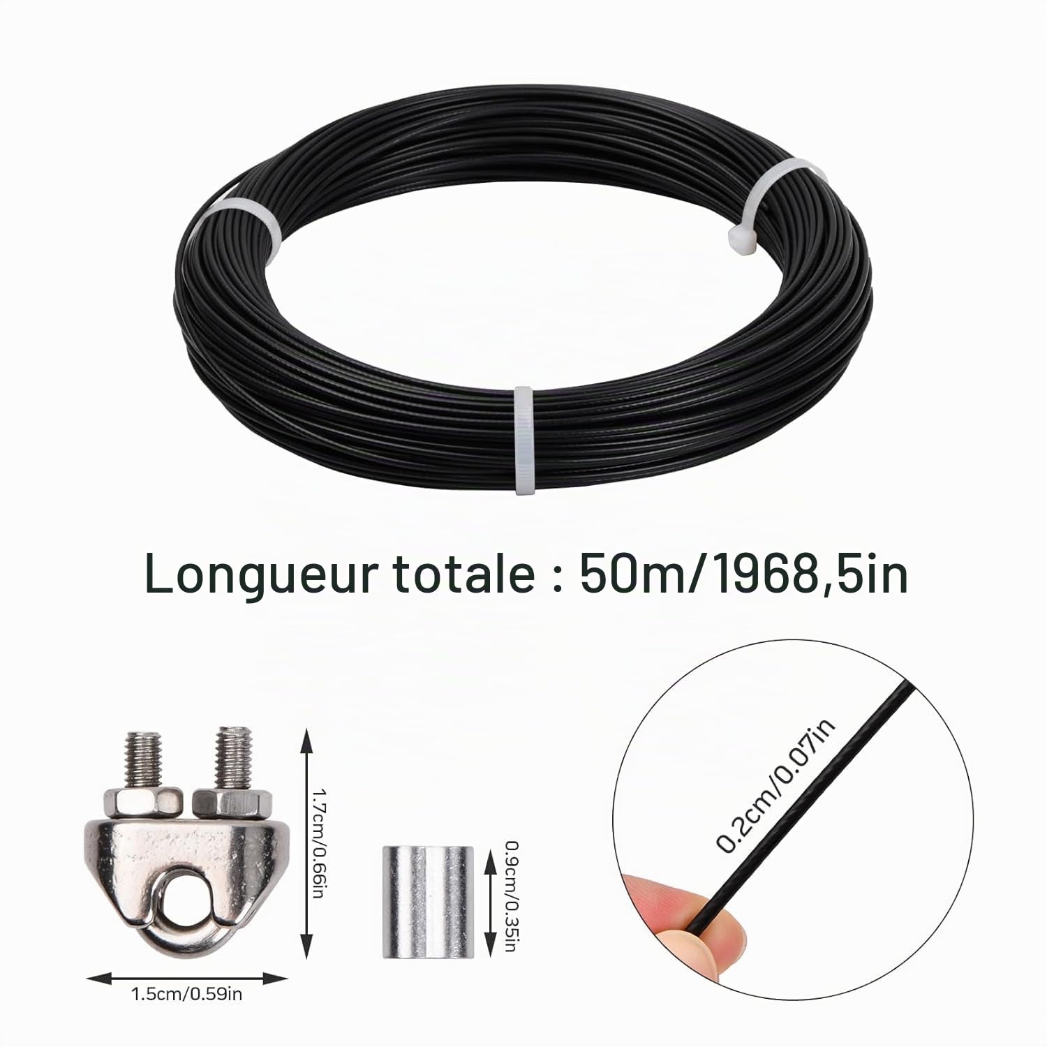 50m Câble Métallique 3mm, Câble Acier Inoxydable 7x7 PVC Enduit avec 8 Serre Câbles Acier, 20 Boucle de Sertissage en Aluminium, Fil de Suspension pour Cadre Rideaux Jardin Extérieur (Noir-3mm)