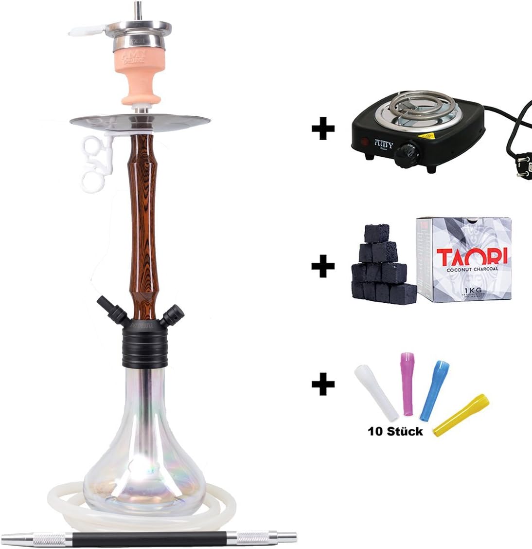 AMY Deluxe Jungle 083.01R Shisha Set with Charcoal Lighter, Natural Charcoal and Hygienic Mouthpieces