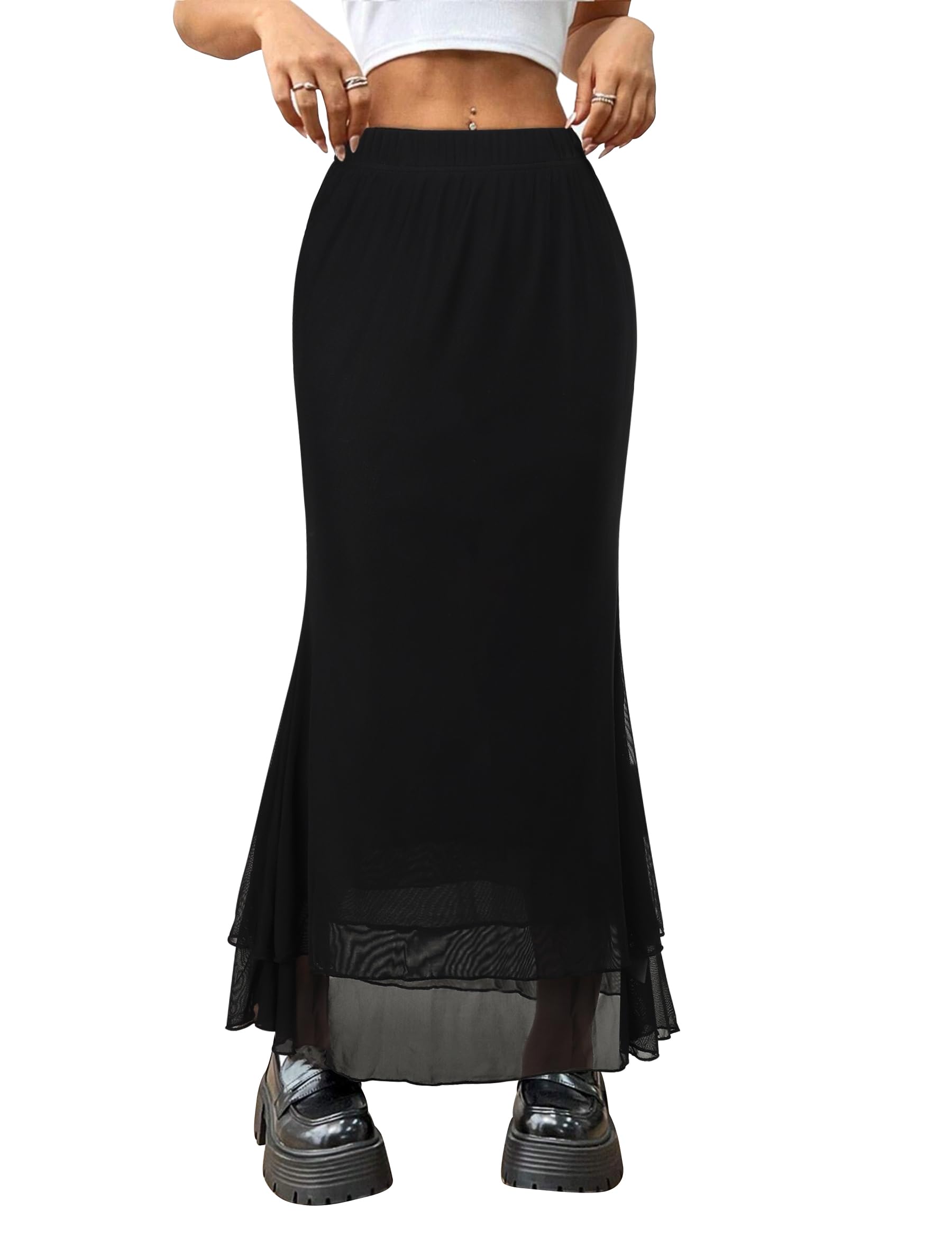 Sielebay Women Maxi Skirt Ditsy Floral Mesh Skirt Summer Flowy Boho Elastic High Waisted Long Skirts Fashion Trendy