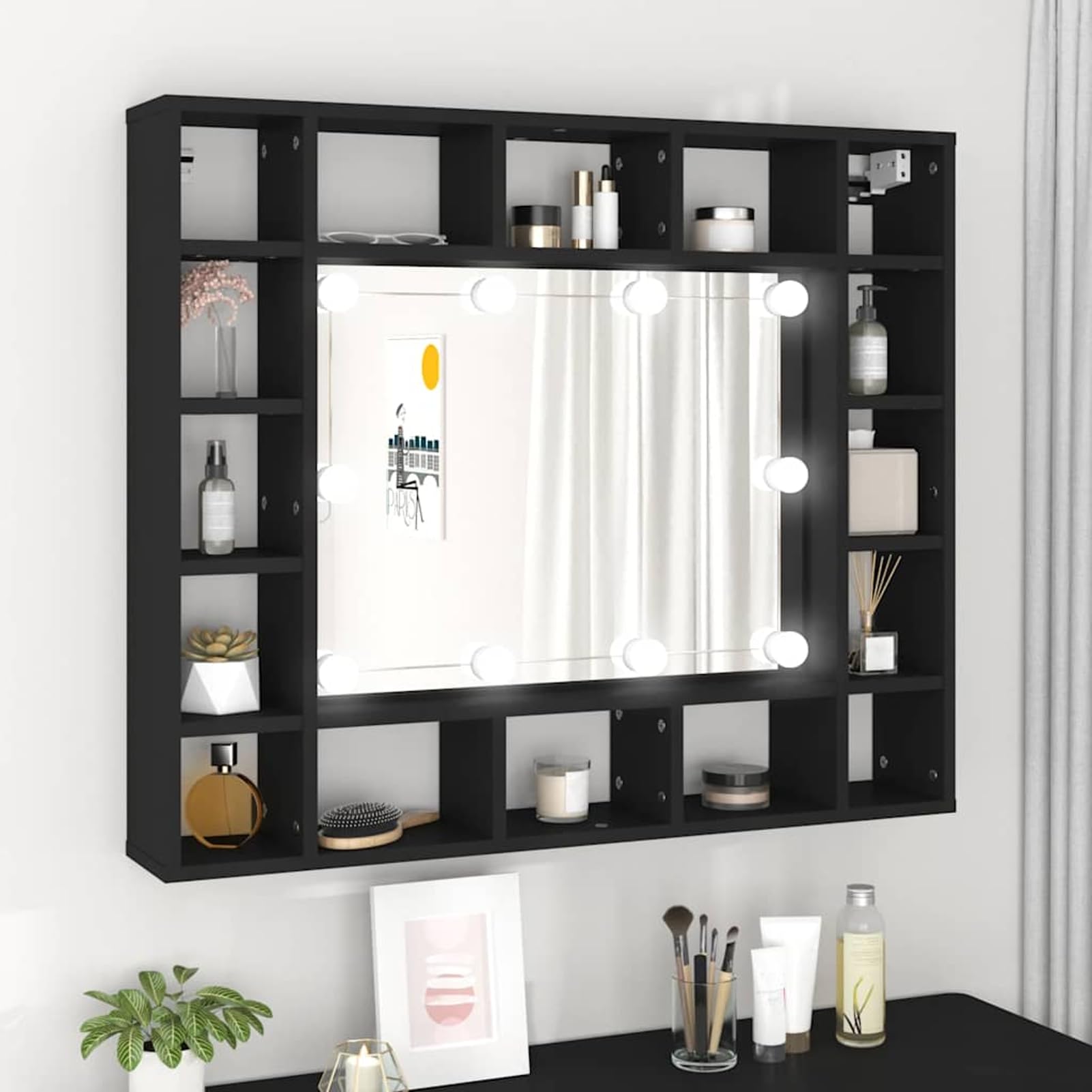 Armoire miroir LED avec éclairage à intensité variable, en bois/acrylique, noir, 91 x 15 x 76,5 cm, pour organisation cosmétique