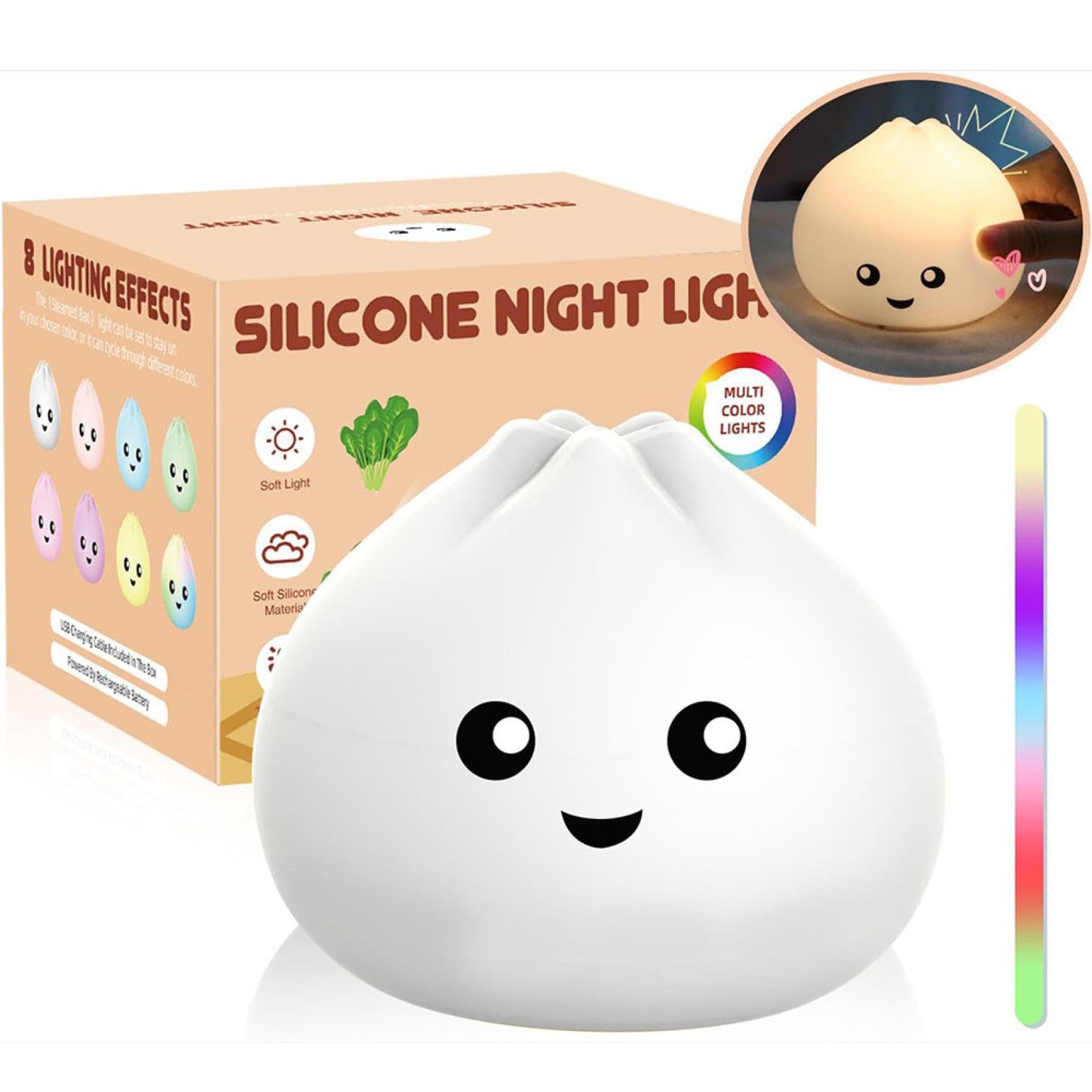 Cute Dumpling Night Light, Rechargeable Changing LED Night Light for Kids, Anxiety Sensory Squeeze Lights, Portable Soft Silicone Kawaii Touch Nights Lamp for Nursery, Bedroom