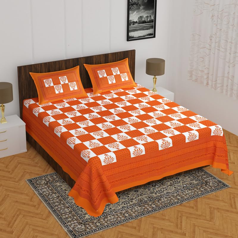 Lakshita Enterprises Queen Size Printed Cotton Bedsheet with 2 Pillow Cover_LSE_Bedsheet_D2_Orange