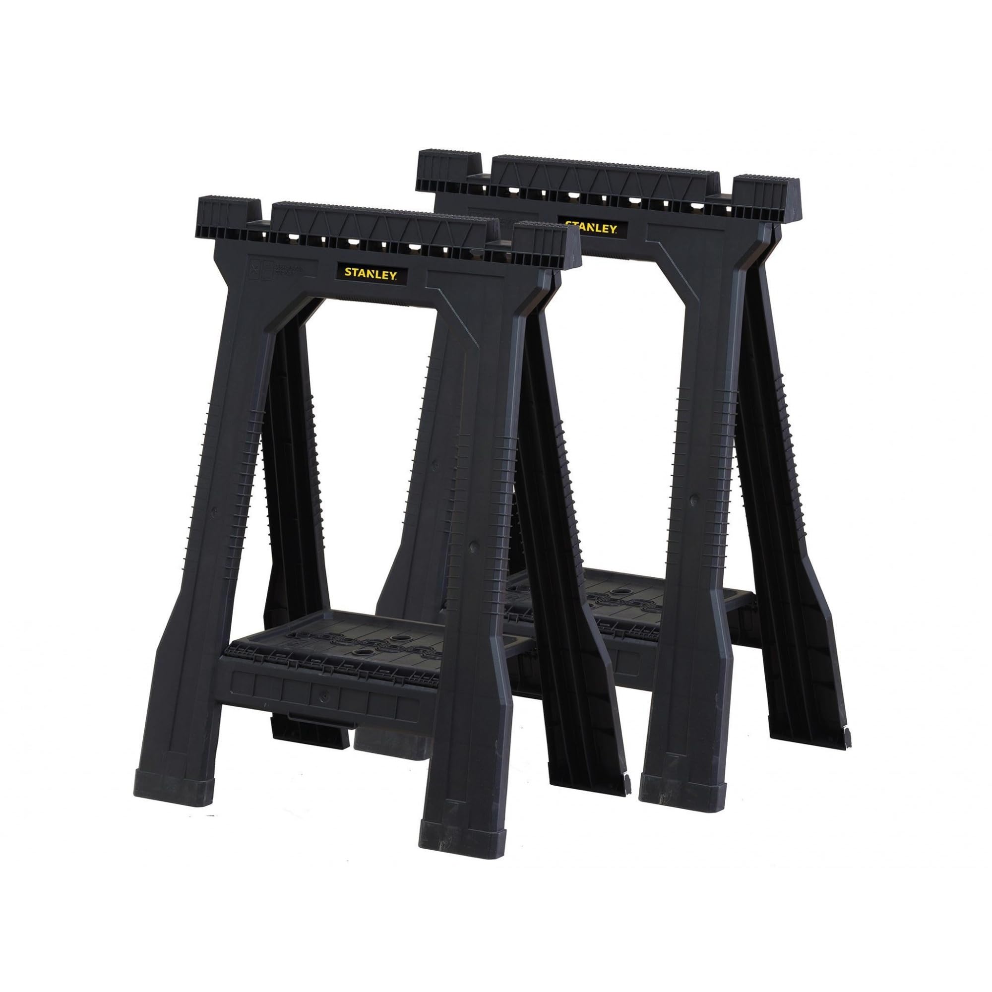 STANLEY Pack de 2 caballetes plegables Junior, ligeros y compactos, con ranura en V, patas antideslizantes y bandeja de almacenamiento, dimensiones 57,1x6,3x81,8 cm, STST1-70355