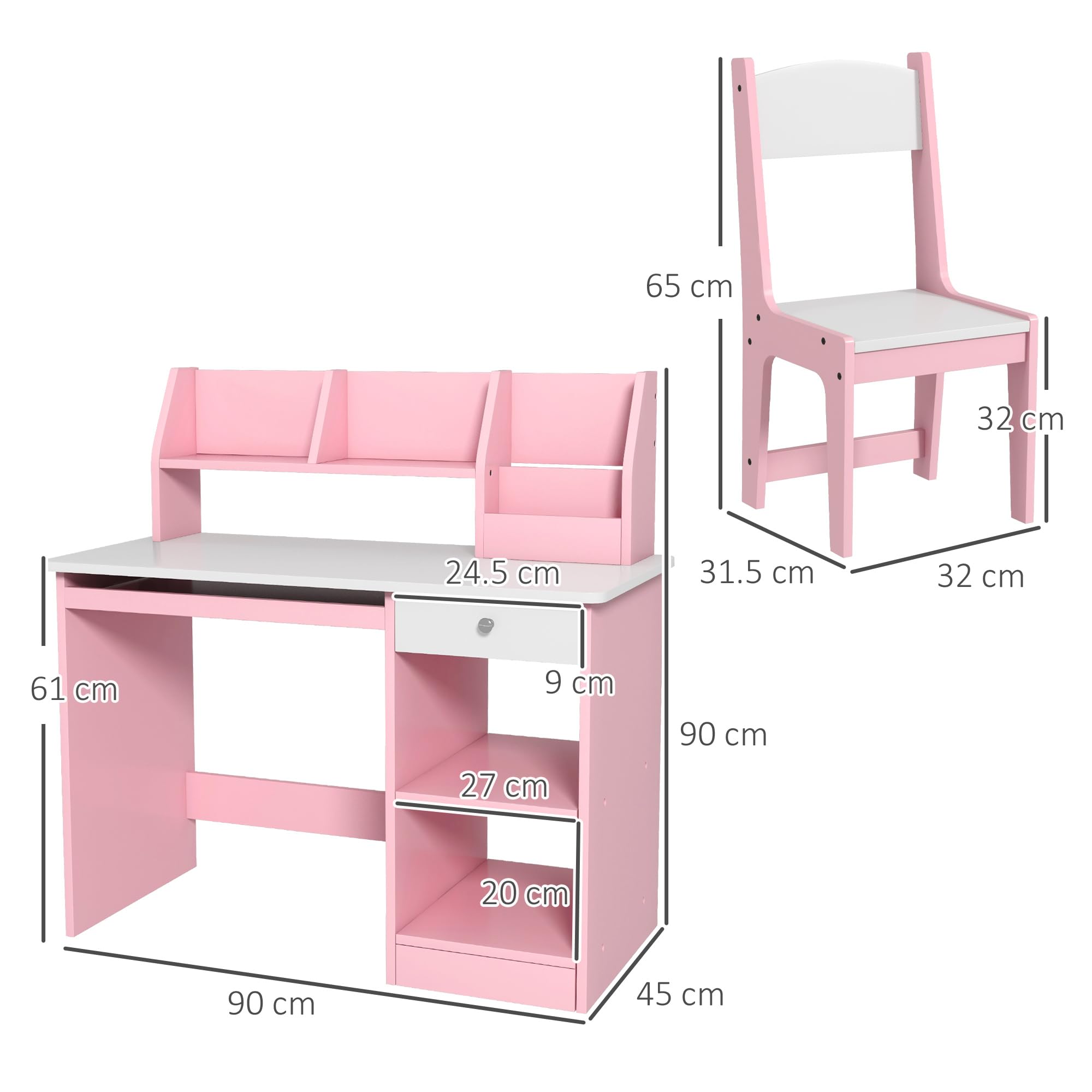 ZONEKIZ Set di scrivania e sedia per bambini 2 pezzi con cassetto per tastiera, rosa