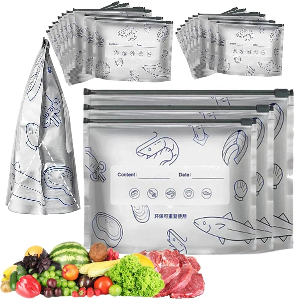 Re-sealable Aluminium Foil Cooler Pouches, Frozen Meat Long Lasting Freshness,Food Storage, Sealable Food Bags with Label and Zip Lock Cooler Pouches for Meat, Vegetables, Milk, Sandwiches,30PC