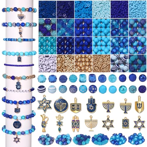 2280PCS+ Hanukkah Beads for Bracelets Making Blue Pearl Acrylic Clay Heishi Beads Enamel Star of David Menorah Dreidel Charms for Bracelet Earrings Necklace Making DIY Hanukkah Accessories Gifts