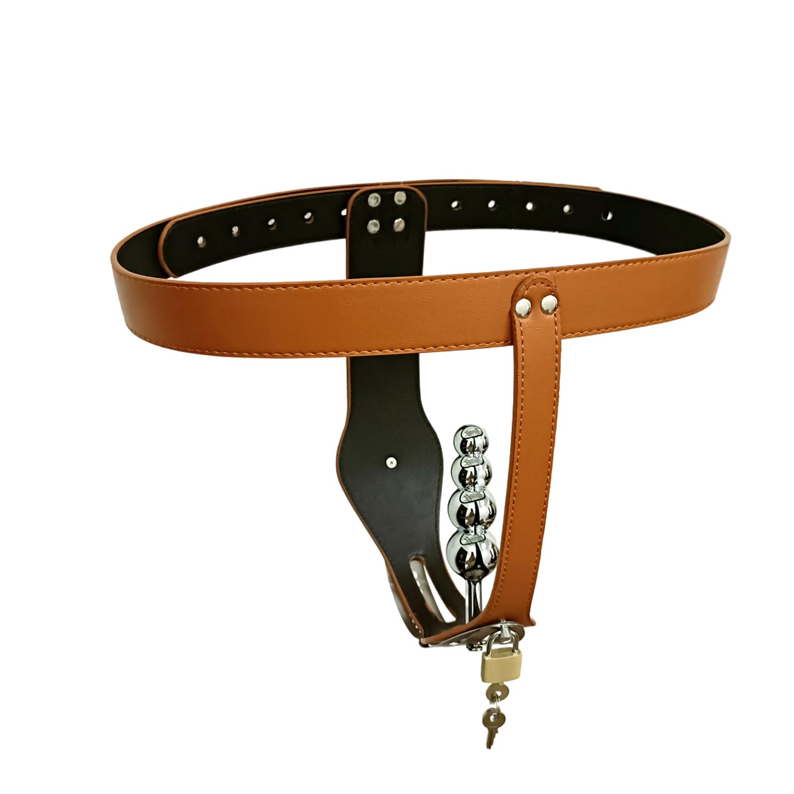 Ceinture de chasteté verrouillable for femme avec 2 serrures et plug anal à 4 boules, culotte de chasteté en cuir verrouillable, cage de chasteté confortable SM bondage sex toy for femme(Brow