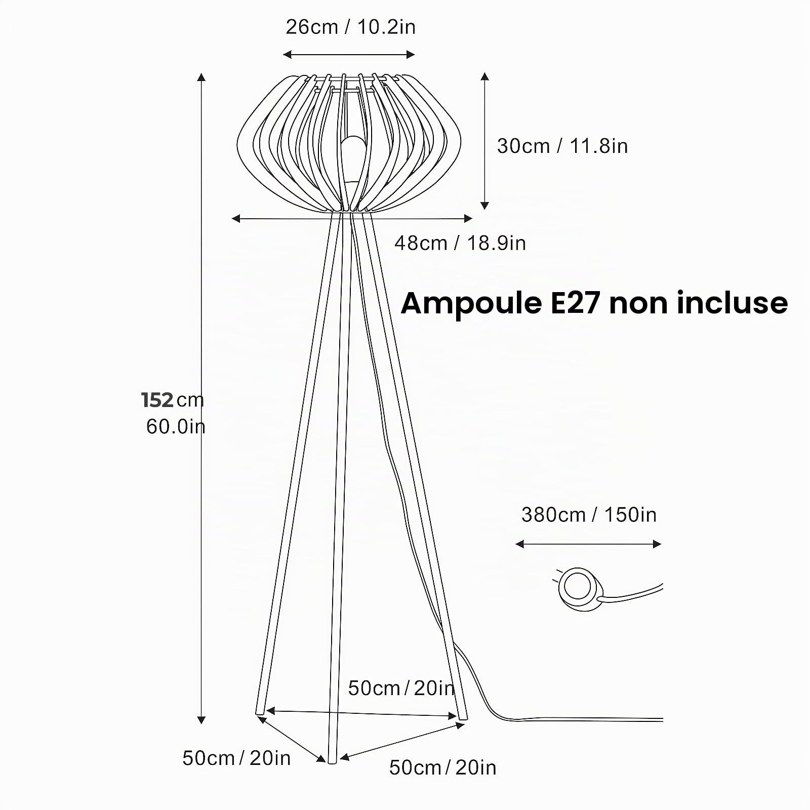 Alpinaluz Lampadaire Trépied Noir – Abat-Jour en Bois Laminé Ø48 cm, Hauteur 152 cm, Douille E27, Câble 3,8 m avec Interrupteur au Pied pour Salon ou Chambre