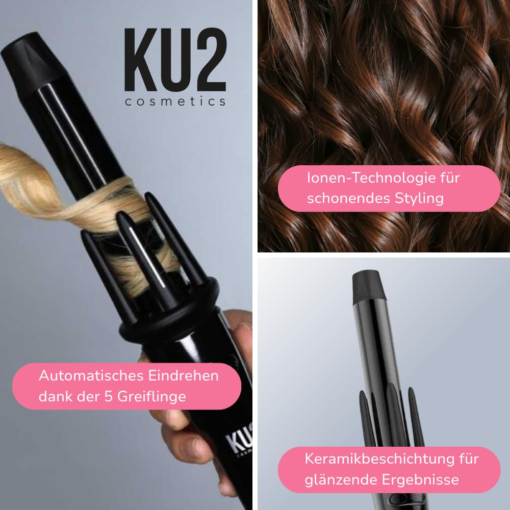 KU2 Cosmetics Lockenstab Automatisch – Curling Iron mit 5 Greif­fingern für große Locken, Keramikbeschichtung – Temperaturautomatik (150–205 °C) – 30 s Aufheizzeit
