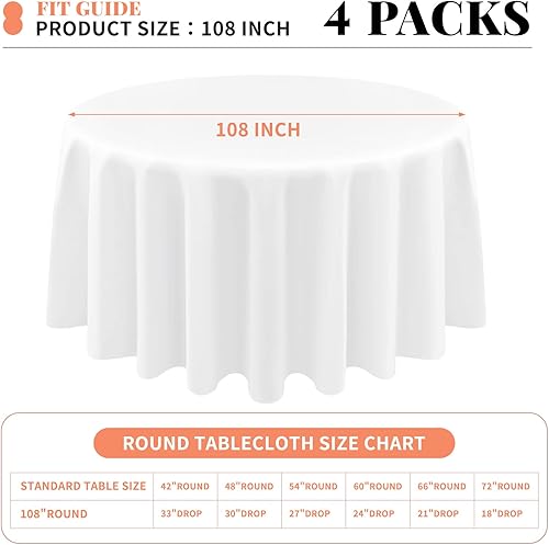 Miniatura 2 de Paquete de 4 manteles redondos de poliéster blanco de 108 pulgadas, mantel circular resistente a las manchas y a las arrugas, lavable, para bodas