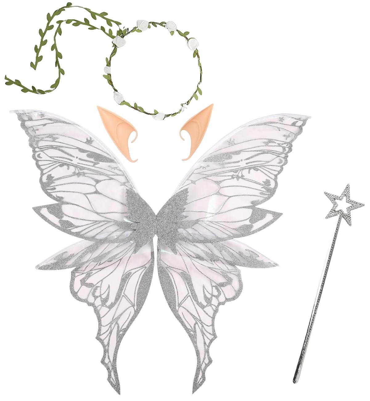 Fairy Wings for Adult, Butterfly Wings Set with Elf Ears & Wand, Silver