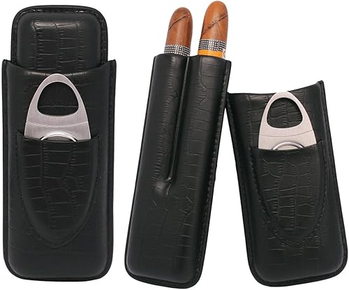 AMANCY Sutil Pocket- Fitable ajustable 2 tubos de cuero genuino negro Cigar Case con cortador Set