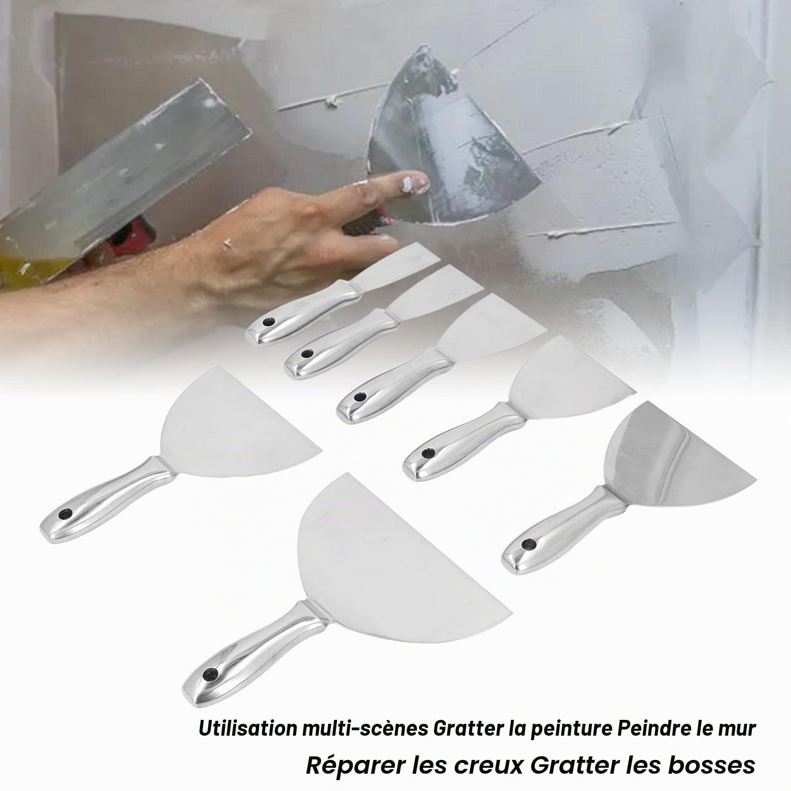Couteau à Enduire, 7 Tailles Spatule Enduit, Spatules de Surface avec Poignée en Acier Inoxydable, Sac de Rangement, pour Réparation de Cloison Sèche, Application de Mastic, Retrait de Papier Peint