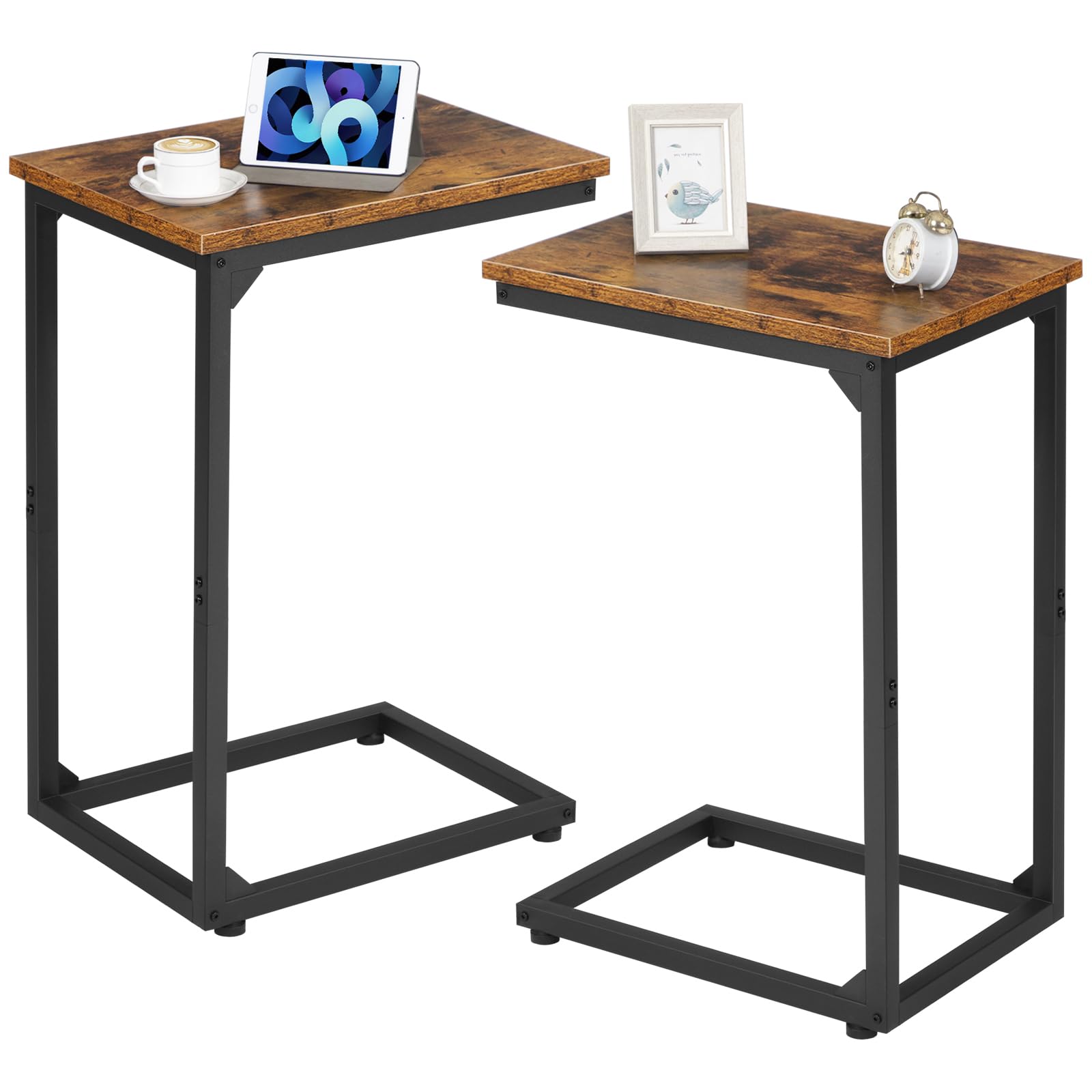 AMHANCIBLE C-Shaped Side Table, Bedside Table Set of 2, Sofa Table for Small Spaces, Coffee Table with Metal Frame for Living Room, Bedroom, Rustic Brown UHET02CBR