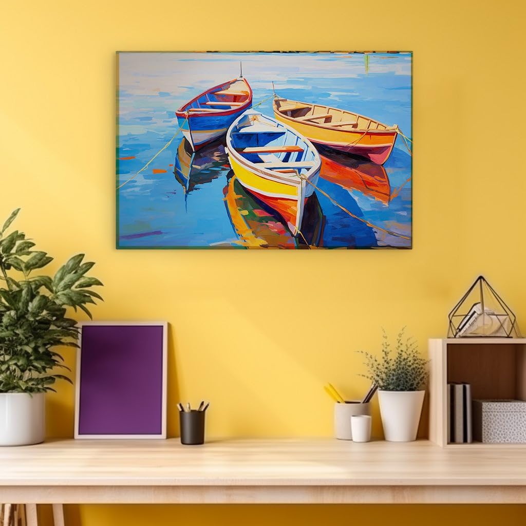 Canvas for Living room. Serene Waterscape with Reflective Trio of Colorful Boats, 27 x 18 inch Canvas Wall Art - Contemporary Masterpieces - Modern Home Decor