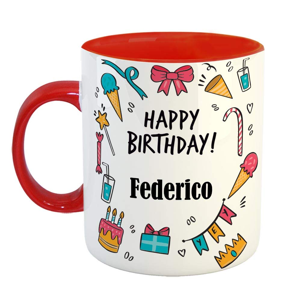 FurnishFantasy Ceramic Coffee Mug - Best Gift for Happy Birthday Mug , Color - Red, Name - Federico