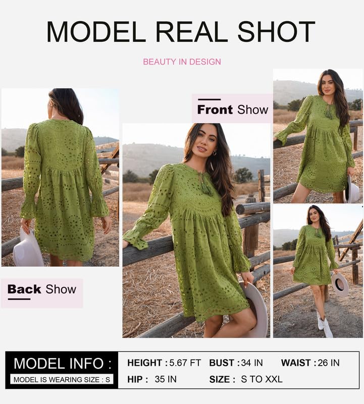 Dokotoo Womens 2025 Boho Dress Tassel V Neck Long Sleeve A Line Casual Hollow Out Lace Ruffle Party Dresses2