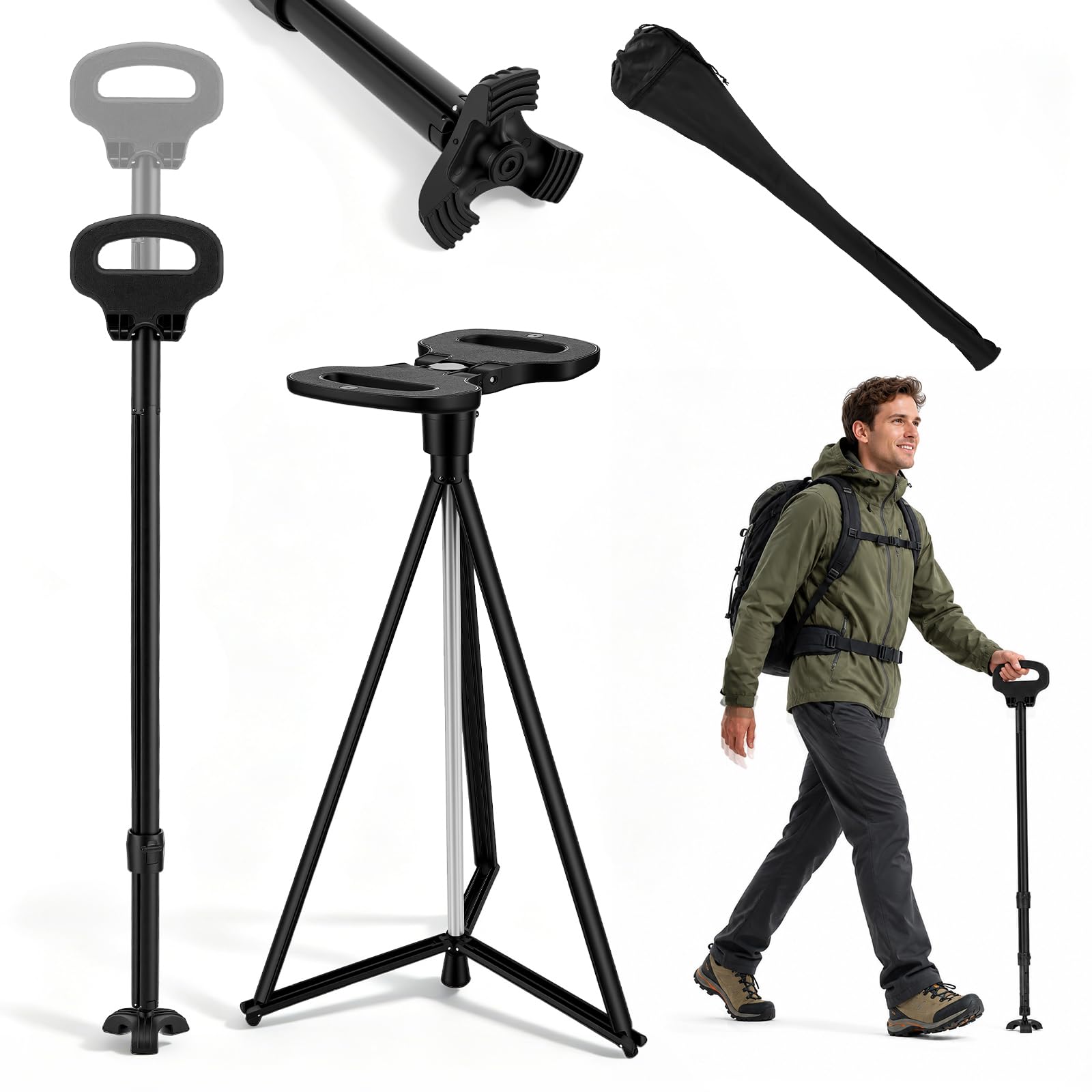 Bastón ragbarer con cojín, andador para personas mayores con bolsa de transporte, bastón de senderismo con asiento, plegable, asiento de bastón de viaje al aire libre para adultos, personas mayores