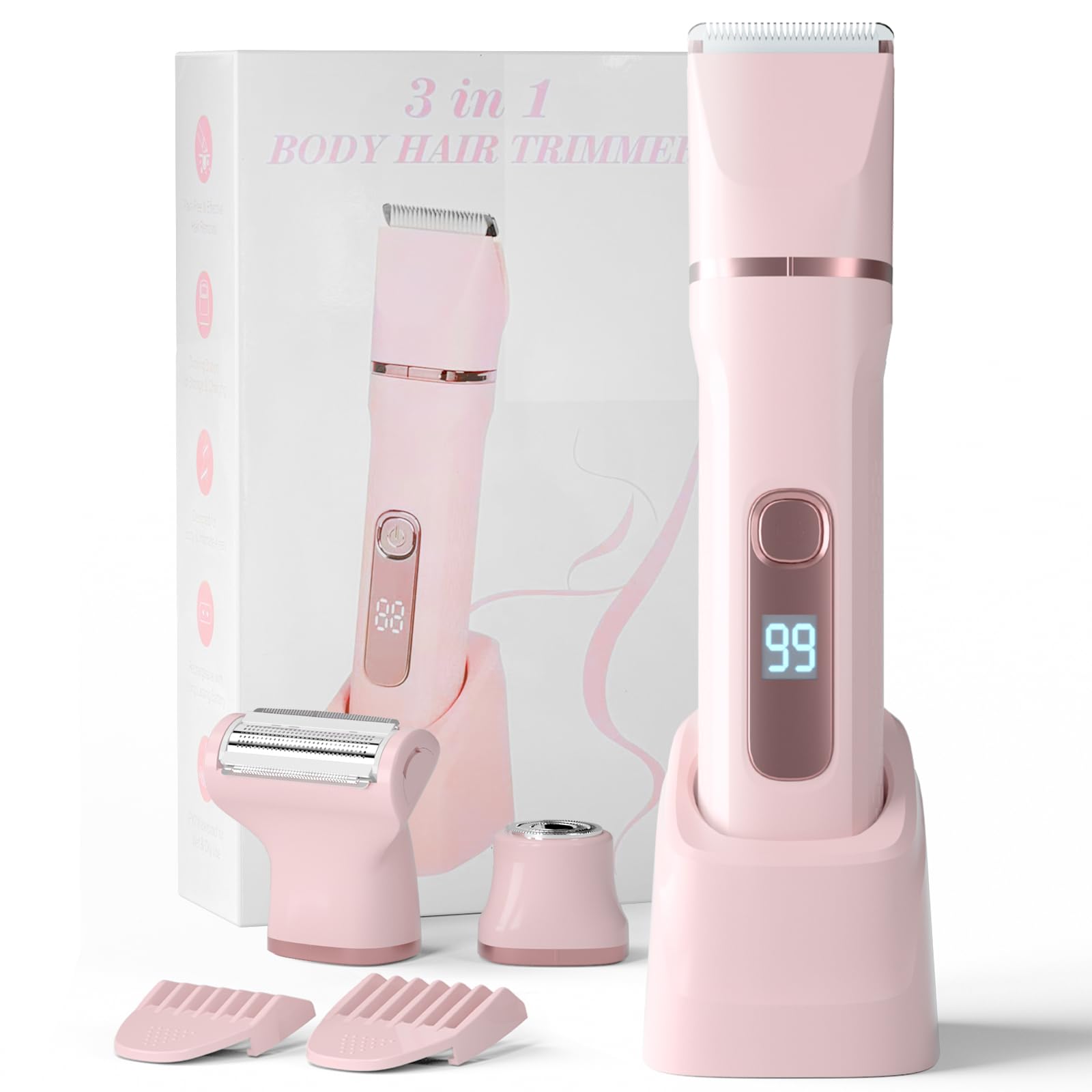 3-in-1 Bikini Trimmer for Women – Electric Razor & Body Hair Trimmer with Charging Dock, USB-A to C7 Cable, IPX7 Waterproof, 1-Month Cordless, Battery% Display, Anti-Slip Grip – X4 Blush Pink