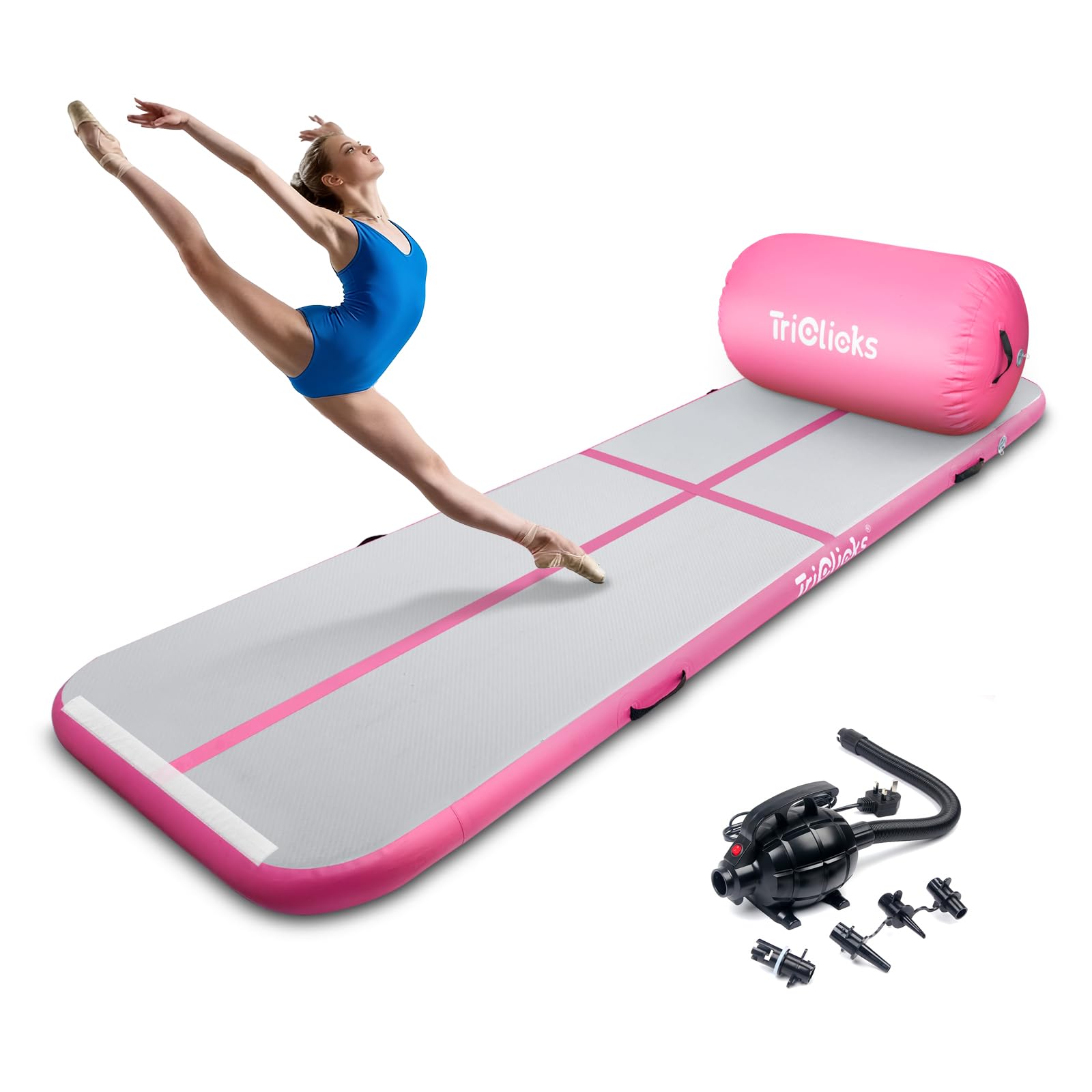 KIASTER Air Roller Inflatable Tumbling Gymnastics Mat Air Roll Barrel Tumble Track Back handspring Mat for Gymnastics Yoga Training Cheerleading Home Use (Pink, 100x60cm Roller + 3m Mat)