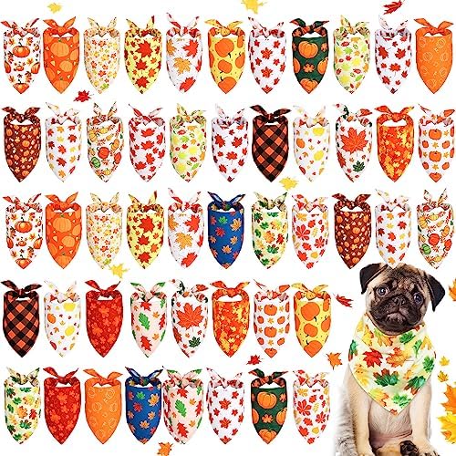 Sweetude 50 Pcs Thanksgiving Fall Dog Bandanas Bulk Pumpkin Maple Leaves Autumn Plaid Bandanas for Dogs Soft Bibs Triangle Scarves for Small Medium Large Pets Costume (25.6 x 17.7 x 17.7 Inch)