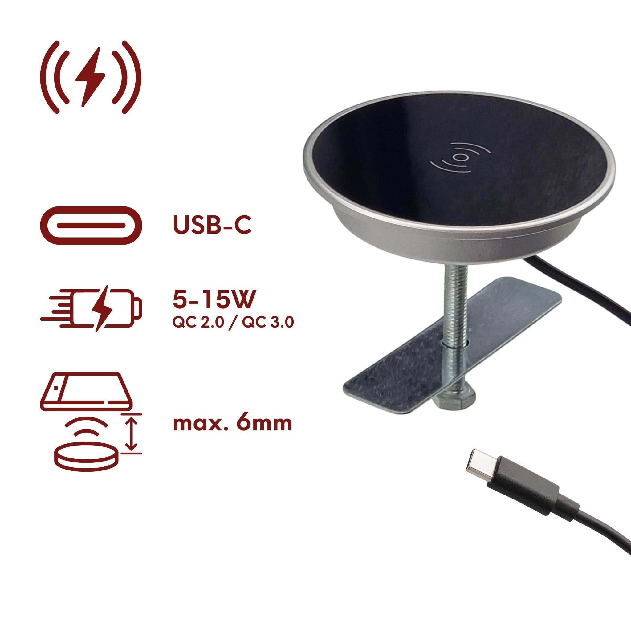 kalb | 15W Einbau drahtlos Ladegerät USB-C Ø 60mm Schnell Ladestation für Smartphones Möbel Induktion Schnellladegerät Wireless Charger Kabelloses Ladegerät